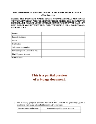 New Jersey Unconditional Lien Waiver and Release on Final Payment