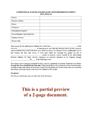 New Mexico Conditional Lien Waiver and Release on Progress Payment