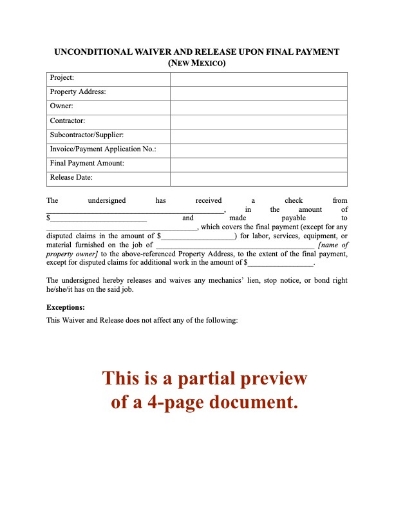 New Mexico Unconditional Lien Waiver and Release on Final Payment