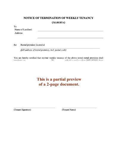 Alberta Notice of Termination by Weekly Tenant