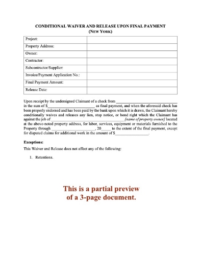 New York Conditional Lien Waiver and Release on Final Payment