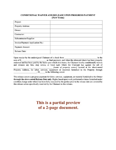 New York Conditional Lien Waiver and Release on Progress Payment
