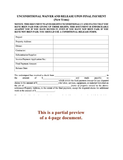 New York Unconditional Lien Waiver and Release on Final Payment