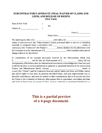 New York Subcontractor Affidavit, Final Lien Waiver and Release