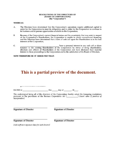 Canada Directors Resolution for Shareholder Cash Call