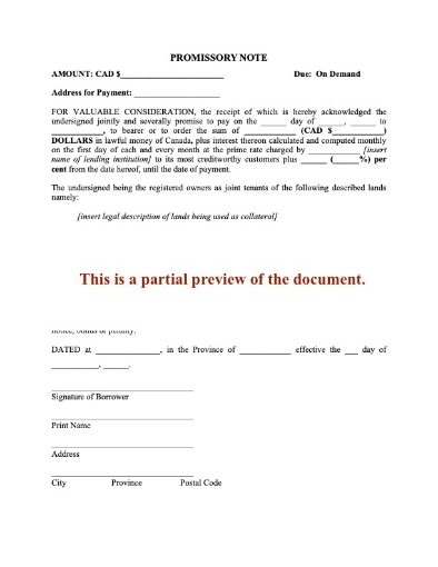 Canada Promissory Note with Collateral Charge on Land