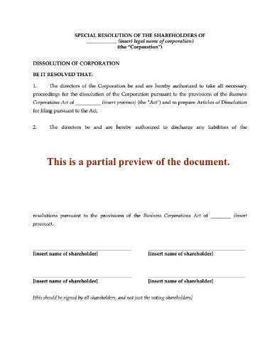 Canada Shareholders Resolution to Dissolve Corporation