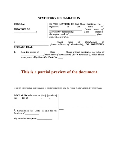 Canada Declaration to Replace Lost Share Certificate