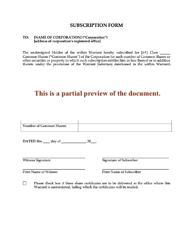 Canada Subscription Form for Warrant Shares