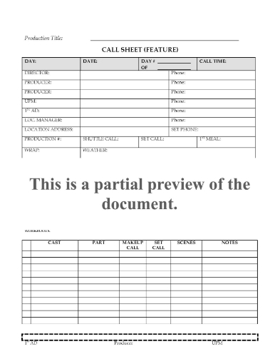Cast and Crew Call Sheets for Film and TV Productions