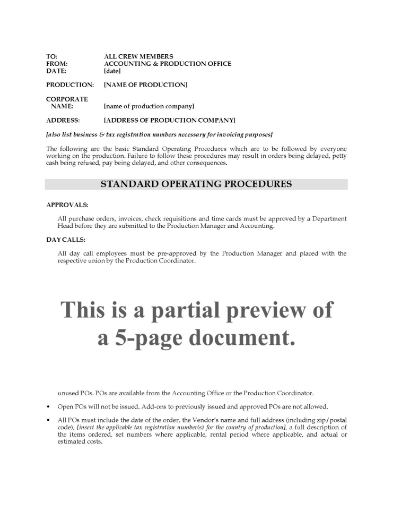 Set of standard operating procedures for a film shoot