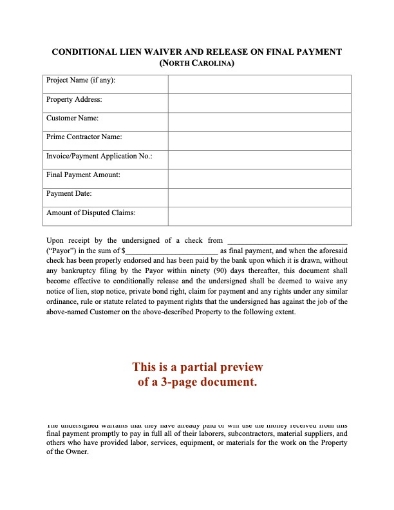North Carolina Conditional Lien Waiver and Release on Final Payment