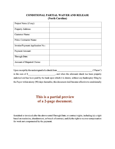 North Carolina Conditional Partial Lien Waiver and Release (Progress Payment)