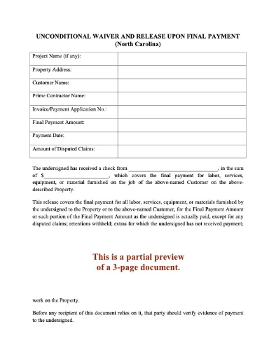 North Carolina Unconditional Lien Waiver and Release on Final Payment