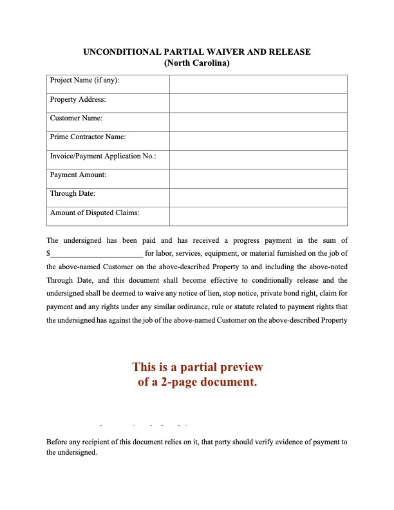 North Carolina Unconditional Partial Lien Waiver and Release (Progress Payment)