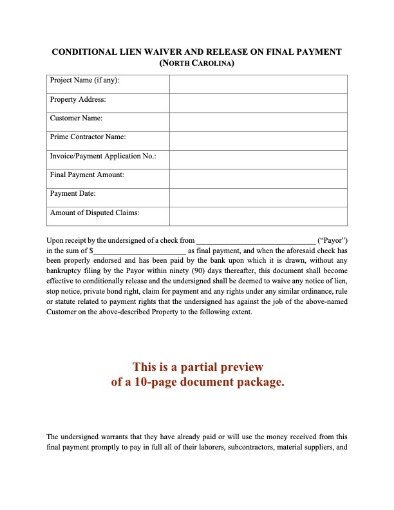North Carolina Lien Waiver and Release Forms Package