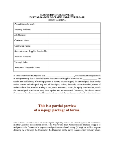 North Carolina Subcontractor / Supplier Lien Waiver and Release Forms