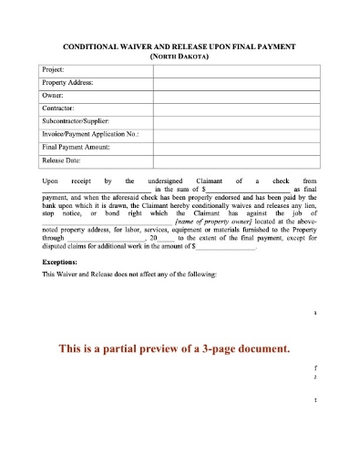 North Dakota Conditional Lien Waiver and Release on Final Payment