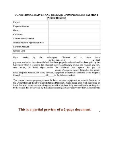 North Dakota Conditional Lien Waiver and Release on Progress Payment