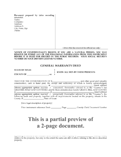 Texas General Warranty Deed Form