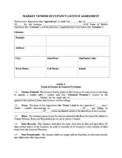 Market Vendor Occupancy License Agreement