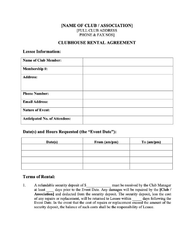 Club House Rental Agreement