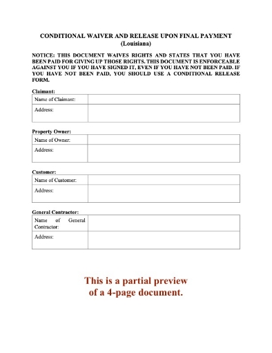 Louisiana Conditional Lien Waiver and Release on Final Payment