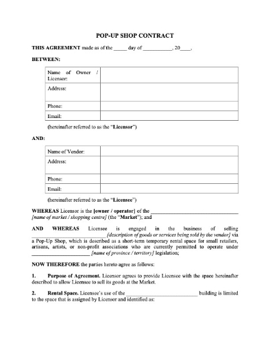 Canada Pop-Up Shop Contract