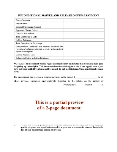 Ohio Unconditional Lien Waiver and Release on Final Payment