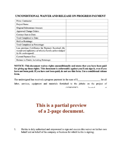 Ohio Unconditional Lien Waiver and Release on Progress Payment