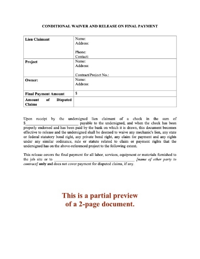 Pennsylvania Conditional Lien Waiver and Release on Final Payment