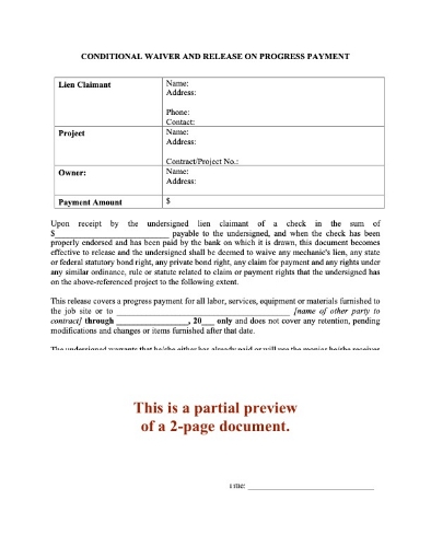 Pennsylvania Conditional Lien Waiver and Release on Progress Payment