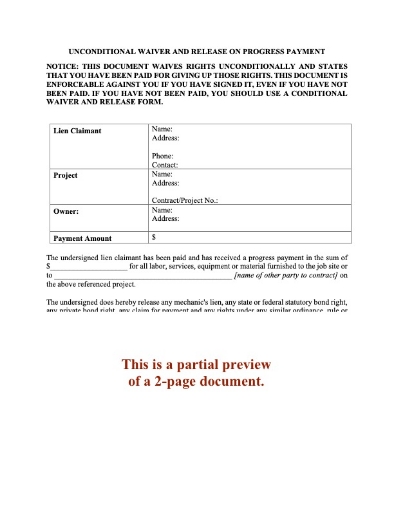Pennsylvania Unconditional Lien Waiver and Release on Progress Payment