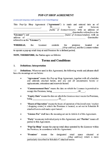 Pop-Up Shop Agreement for the United Kingdom