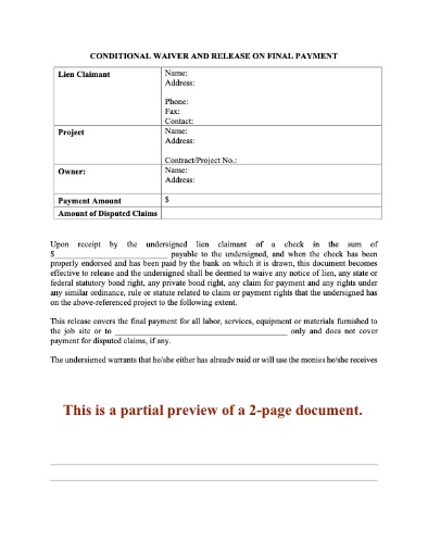 Oregon Conditional Lien Waiver and Release on Final Payment