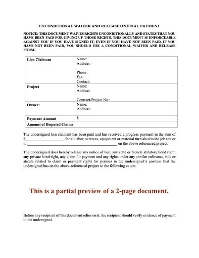 Oregon Unconditional Lien Waiver and Release on Final Payment