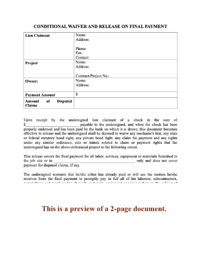 South Carolina Conditional Lien Waiver and Release on Final Payment