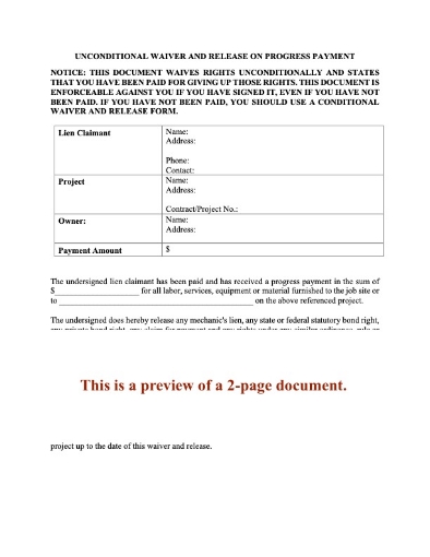 South Carolina Unconditional Lien Waiver and Release - Progress Payment