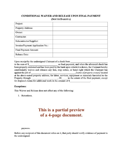 Picture of South Dakota Conditional Lien Waiver and Release - Final Payment