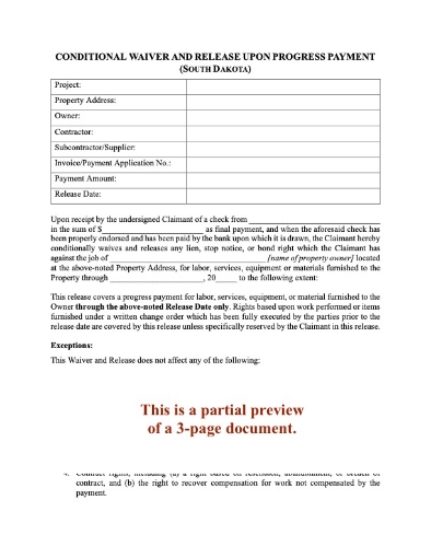South Dakota Conditional Lien Waiver and Release - Progress Payment