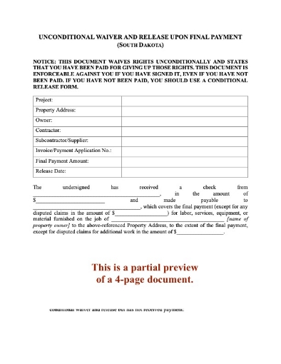South Dakota Unconditional Lien Waiver and Release - Final Payment