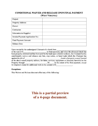 West Virginia Conditional Lien Waiver and Release on Final Payment