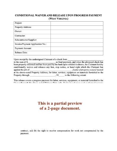 West Virginia Conditional Lien Waiver and Release on Progress Payment