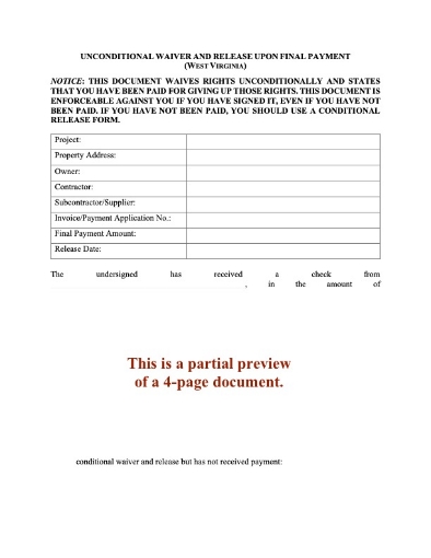 West Virginia Unconditional Lien Waiver and Release on Final Payment