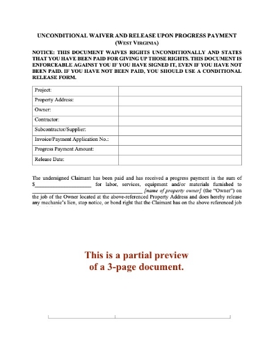 West Virginia Unconditional Lien Waiver and Release on Progress Payment