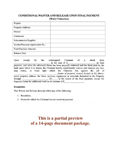 West Virginia Lien Waiver and Release Forms Package