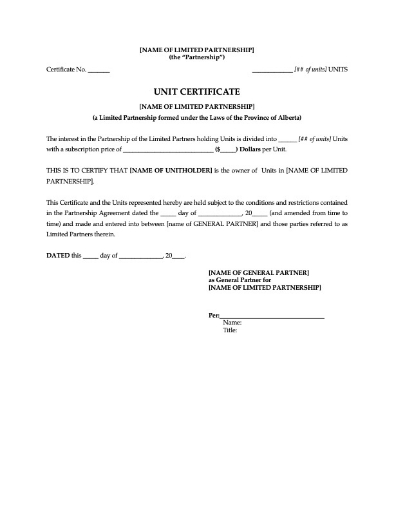 Alberta Certificate for Limited Partnership Units