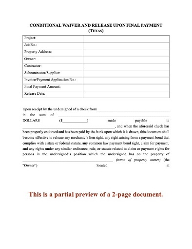 Texas Conditional Lien Waiver and Release on Final Payment