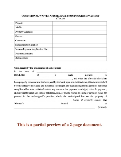 Texas Conditional Lien Waiver and Release on Progress Payment