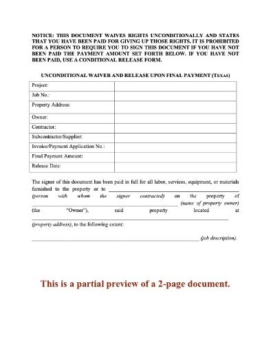 Texas Unconditional Lien Waiver and Release on Final Payment